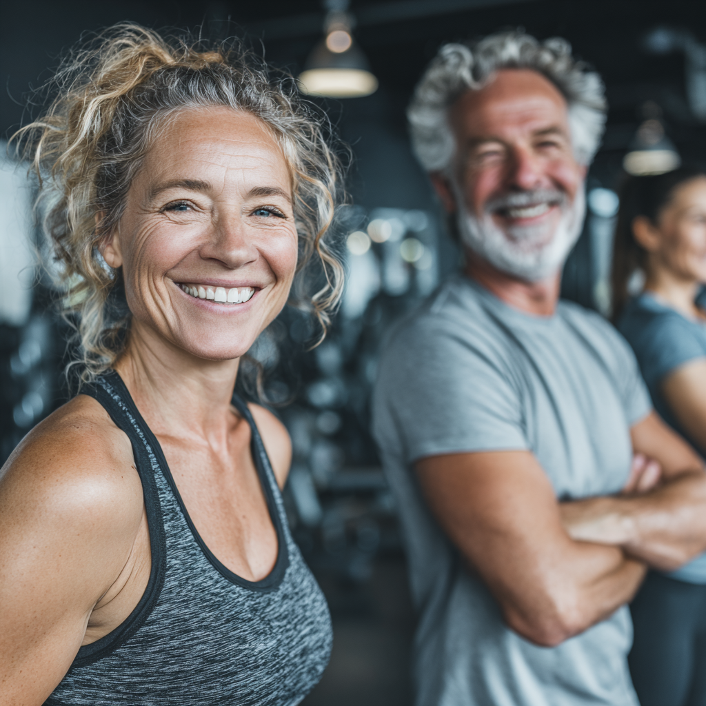 Professional European healthcare team of 3 people in their 30s-40s, smiling confidently in a modern wellness clinic, natural lighting, diverse but cohesive team appearance