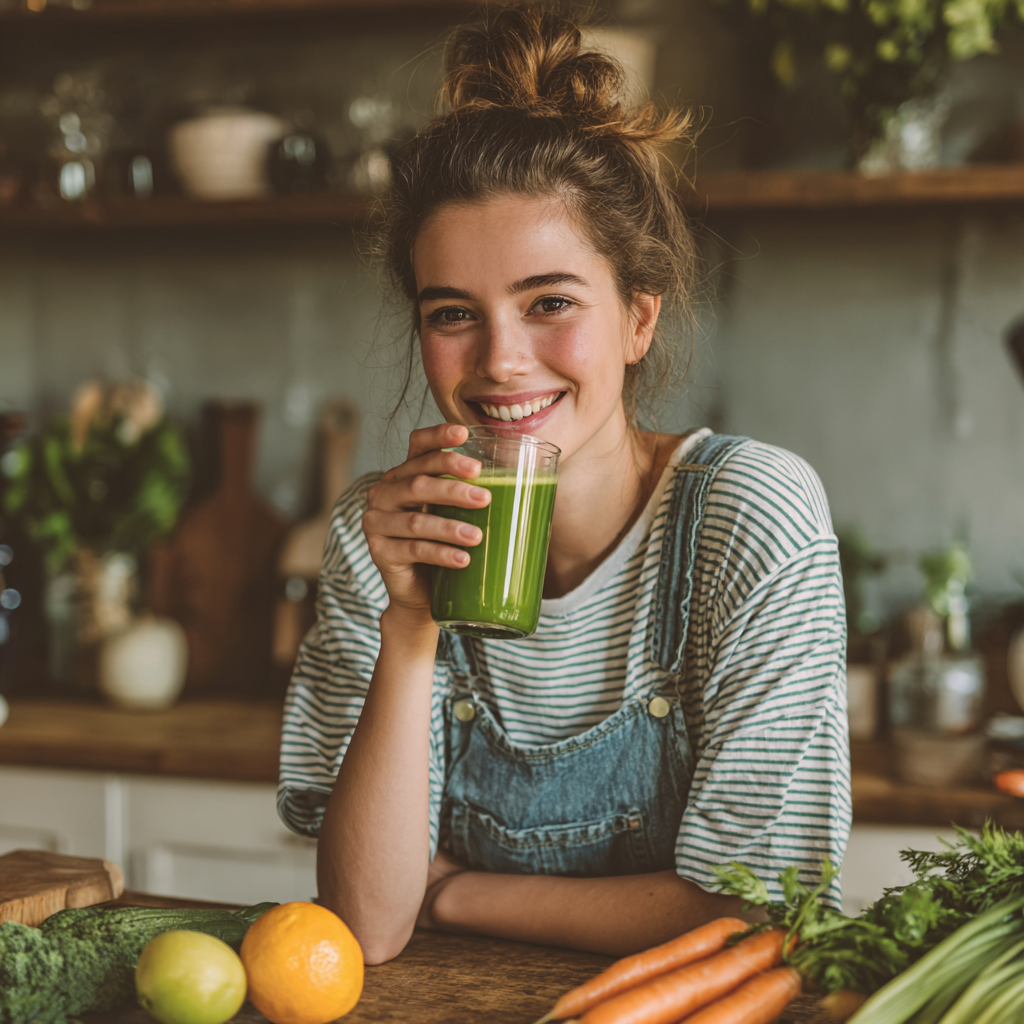 Peaceful European woman in her late 30s practicing gentle yoga or meditation in a bright, natural wellness studio with plants, representing holistic health approach